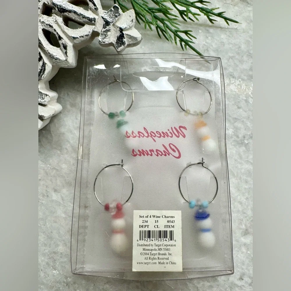 Vintage 2004 Target Christmas Winter Snowman Wine Glass Charms Set of 4